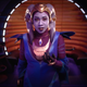 A Star Wars character performs in a purple ensemble in the nightclub "aboard" the Halcyon.